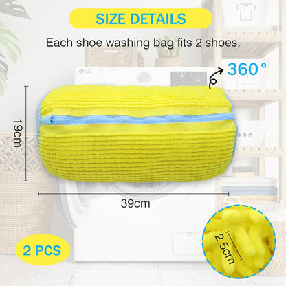 Confezione da 2 Sacchetti per Lavare Scarpe a 360°, Riutilizzabili e Durevoli, con Cerniera, per Lavatrice, Pulizia Efficace