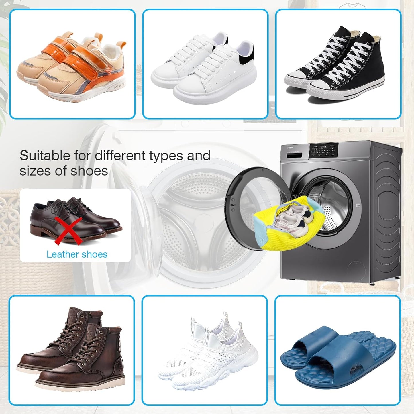 Confezione da 2 Sacchetti per Lavare Scarpe a 360°, Riutilizzabili e Durevoli, con Cerniera, per Lavatrice, Pulizia Efficace