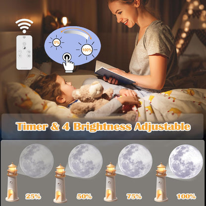 Lampada Luna LED con Proiettore, Ricaricabile con Telecomando e Timer, Luce Notturna da Comodino per Camera e Bambini