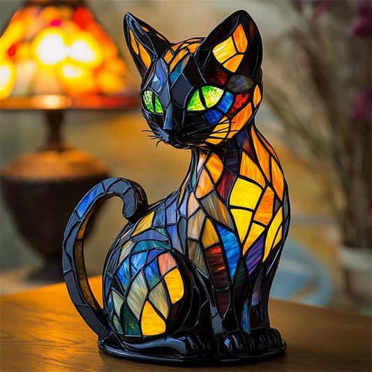Lampada LED da Notte a Forma di Gatto, in Vetro Colorato Vintage e Resina Fatta a Mano